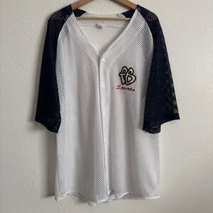 PB SPORTS Vintage 90s White Navy Blue Mesh Net Button Up Baseball Jersey
